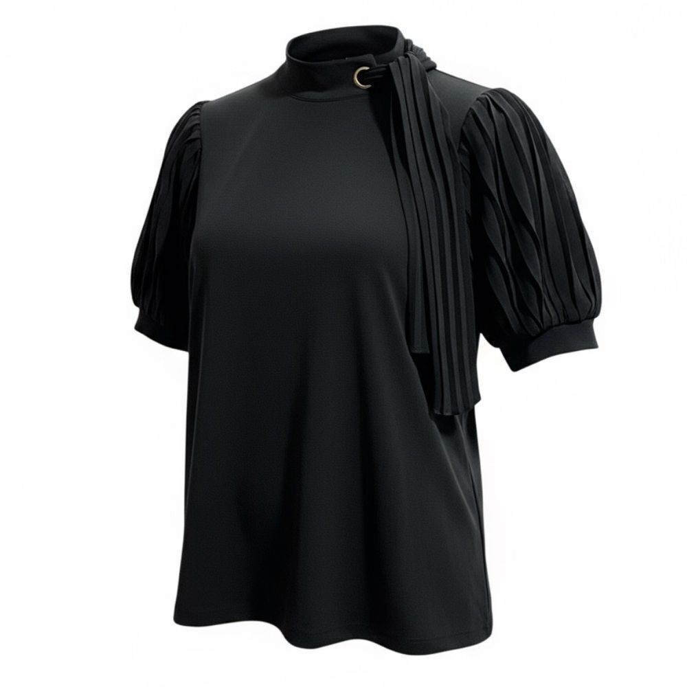 Cable & Gauge stretchy black Mock neck tie puff pleated sleeve top blouse M/L
